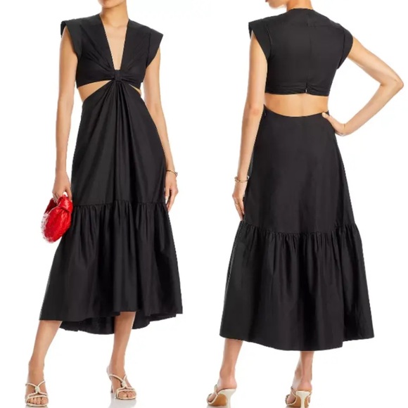 Jason Wu Waist Cutout Cuffed Cap Sleeve V-Neck Satin Dress Black, Size S, $400 - Picture 5 of 11